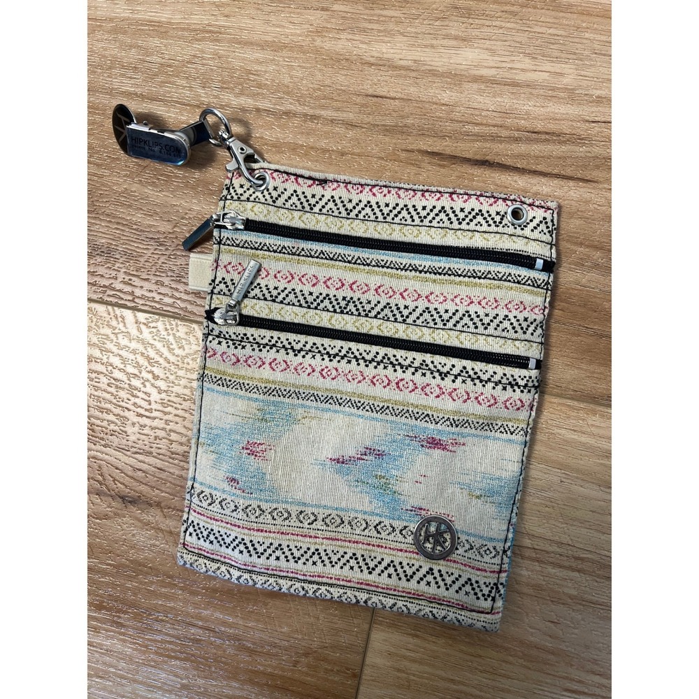 Hipklips Small Pocket Pouch Boho Southwestern Woven Tapestry Blue Clip On Bag